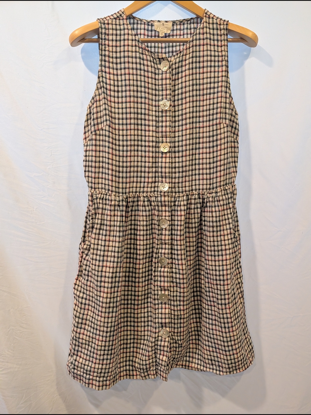 Lou & Grey 100% Linen Plaid Button Front Sleeveless Pocket Dress Medium